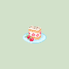 Sticker - Pixel art shortcake icon. Vector Retro 8 bit illustration of strawberry shortcake. Pixel fast food isolated cream shortcake. Pixel vector strawberry cake with cream for game, sticker, app