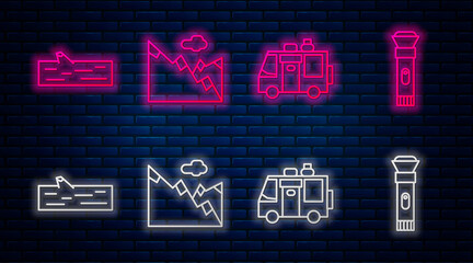 Wall Mural - Set line Mountains, Rv Camping trailer, Wooden log and Flashlight. Glowing neon icon on brick wall. Vector