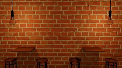 Brick wall in a bar, with two incandescent lamps and some tables and chairs. Image made in 3d.