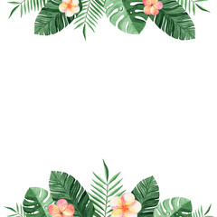 Wall Mural - Watercolor tropical flowers border isolated on white background.