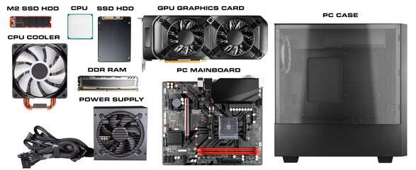 Fototapete - All parts and components for modern desktop computer. Mainboard power supply RAM M2 SSD hard disk CPU fan cooler graphics card midi tower pc case isolated white background