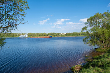 self-propelled barge on the volga river, 18.05.2021, uglich city, yaroslavl region, russia.