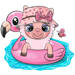 Sticker - Alpaca in swimming on pool ring inflatable flamingo