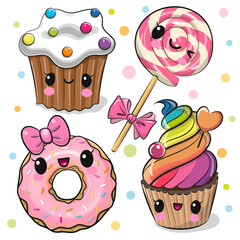 Wall Mural - Cartoon sweets with eyes on the white background