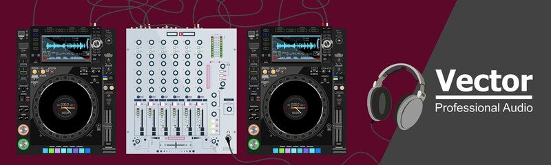 Innovative realistic DJ consol, which consists of CDJ players, mixing console and headphones. DJ table. Equipment that transmits high-quality sound. The theme of nightclubs, raves and locations. 