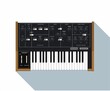 Realistic compact analog synthesizer with wood finish. An old electronic piano. Musical equipment. A device for creating sounds. Electronic music theme. Night life. Warm synth sound. A piece interior.