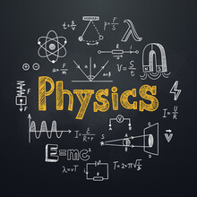 Physics Chalkboard Background In Hand Drawn Style. Round Composition With Lettering And Physical Symbols, Formulas And Schemes. Education Subject. Ideal For School Poster, Graphic Print, Banner.
