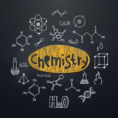Wall Mural - Chemistry chalkboard background in hand drawn style. Round composition with lettering and chemical symbols and formulas. Education subject. Ideal for school poster, graphic print, banner.