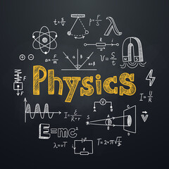 Wall Mural - Physics chalkboard background in hand drawn style. Round composition with lettering and physical symbols, formulas and schemes. Education subject. Ideal for school poster, graphic print, banner.