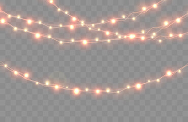 Poster - Christmas lights isolated on transparent background. Bright Xmas garland. Vector glow light bulbs on wire strings. Set of Christmas Lights.