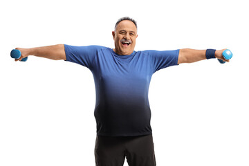 Canvas Print - Mature man in sportswear exercising with an small weights