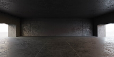 Poster - dark concrete building interior hall studio background, concrete room 3d illustration render