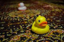 Yellow Toy Duck On An Old Carpet.