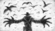 Evil sorcerer in large hat with his arms outstretched. Flock of flying crows on background. Dark visions of hell. Scary 2d illustration. Nightmares for creepy Halloween. Gloomy character concept art.