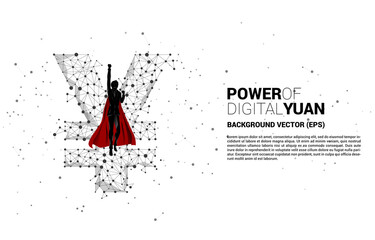 Poster - Silhouette of businessman flying with money Chinese yuan currency icon from Polygon dot connect line. Concept for fast grow of china digital yuan.