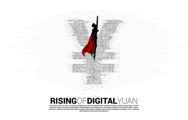 Poster - Silhouette of businessman flying with digital yuan currency money icon from binary zero and one code. Concept for china digital currency economy and financial network connection.