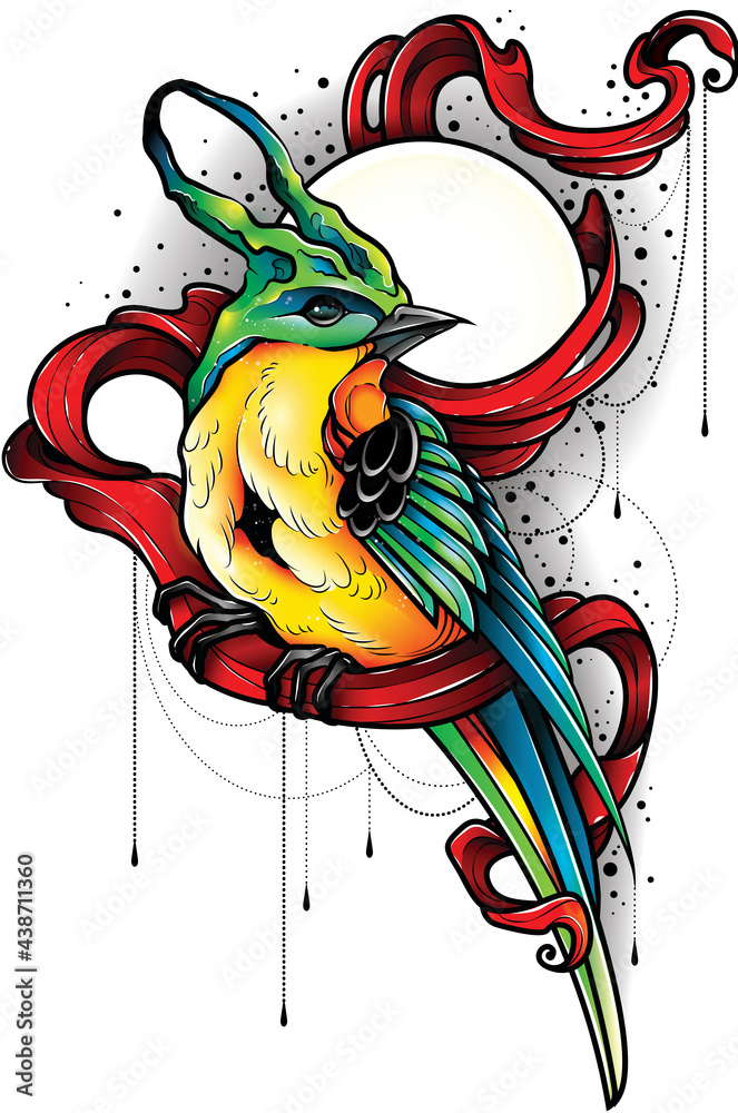 Ilustracja turkusowy ptak z żółtym brzuszkiem siedzący na czerwonej szarfie. Projekt tatuażu. - obrazy, fototapety, plakaty 