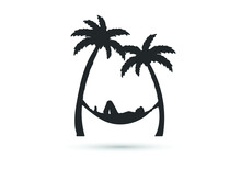 Hammock Icon In Glyph Style. Hammock Between Palm Trees In Black Color. Vector