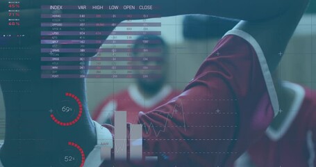 Wall Mural - Statistical data processing over grid network against team of male soccer players