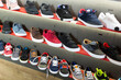 Variety of new male sneakers in streetwear showroom