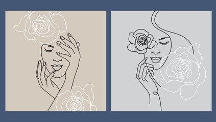 set of linear abstract portraits of girls with flowers. minimalism style, line art.  two options in a square format of neutral colors. it can be used as a template, cover, postcard,  or banner. 