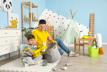 Poster - Father and son cleaning their home