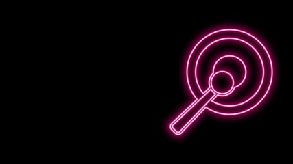 Canvas Print - Glowing neon line Gong musical percussion instrument circular metal disc and hammer icon isolated on black background. 4K Video motion graphic animation