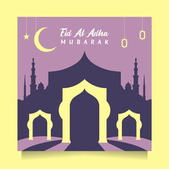 Flat design Eid al adha social media post greeting with modern purple color.  Square Vector illustration islamic background with beautiful and unique mosque design