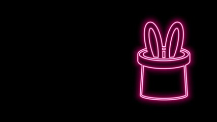 Poster - Glowing neon line Magician hat and rabbit ears icon isolated on black background. Magic trick. Mystery entertainment concept. 4K Video motion graphic animation