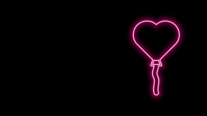 Poster - Glowing neon line Balloons in form of heart with ribbon icon isolated on black background. Valentines day. 4K Video motion graphic animation