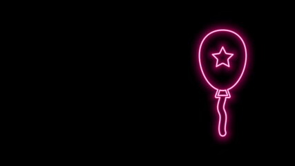 Poster - Glowing neon line Balloon with ribbon icon isolated on black background. 4K Video motion graphic animation