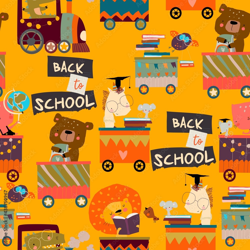 Seamless Pattern with Cartoon Animals riding to the School by Train - obrazy, fototapety, plakaty 