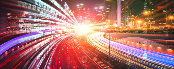 Digital data flow on road with motion blur to create vision of fast speed transfer . Concept of future digital transformation , disruptive innovation and agile business methodology .