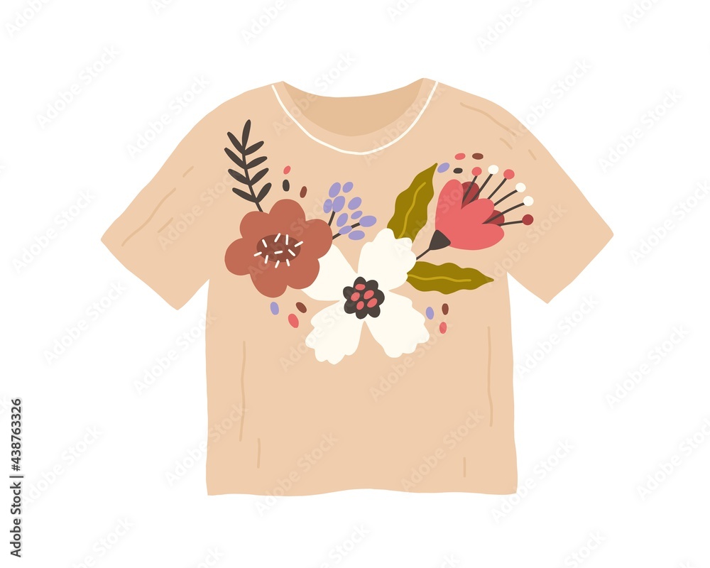 Trendy fashion clothes with handmade flower embroidery in retro style. Customized t-shirt with DIY pattern. Flat vector illustration of unique apparel with needlework isolated on white background - obrazy, fototapety, plakaty 