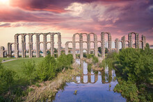 The Famous Roman Aqueduct Of The Miracles (Los Milagros) In Merida, Province Of Badajoz, Extremadura, Spain.