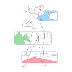 Wall Mural - Young athletic sportive woman doing yoga on mat in city park.One continuous line simplicity doodle cartoon portrait character linear minimal illustration.