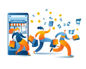 Aufkleber - Happy people come out with purchases from an online store on a smartphone. Concept of a vector illustration in a flat style on the theme of opening an online store.