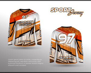 Long sleeve sports racing suit. Front back t-shirt design. Templates for team uniforms. Sports design for football, racing, cycling, gaming jersey. Vector.