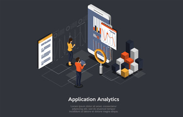 Poster - Application Analytics, Mobile Program Development Process Concept Design. Cartoon 3D Style, Vector Isometric Composition. People Working With Devices, Smartphone With Info On Screen, Infographics.