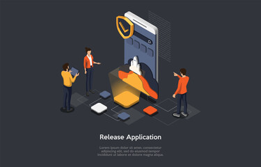 Poster - Composition With People And Objects On Dark Background. Vector Isometric Illustration, Cartoon 3D Style. Application Release Step. Three Workers Team Standing Near Smartphone With Rocket Launching.