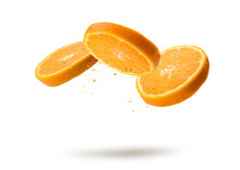 Orange Fruit Slices Flying And Dripping On White Background