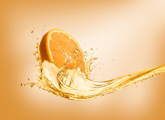 Splashing orange juice with orange slice on colored background