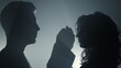© stockbusters - Silhouette couple touching each other indoors. Man woman with joined hands.