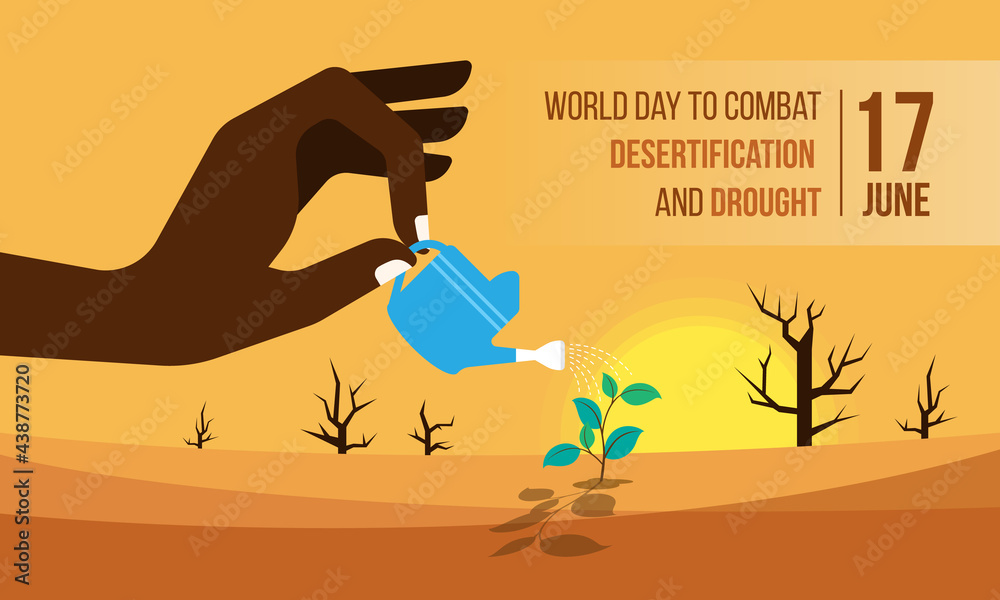 World Day to Combat Desertification and Drought banner with Hand holding a watering pot , watering the seedlings in dry areas and then hot deserts vector design - obrazy, fototapety, plakaty 
