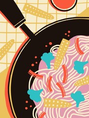 Wall Mural - Various noodles and vegetable, illustration. Hand drawing illustration Japanese food for flyers, posters, menu. Abstract Wok illustration.