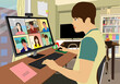 © allstar - Remote work. Online meeting. Video conference. Web work briefing. home, live meeting, desktop PC, lesson, vector illustration, graphic, work from home job. office, telework,