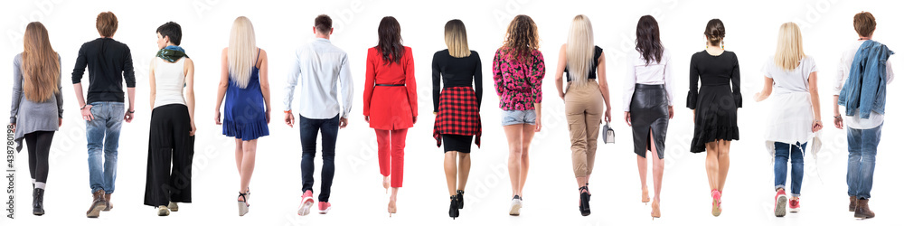 Group of different people walking away back view full body isolated on white background - obrazy, fototapety, plakaty 