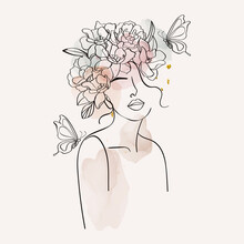 Women And Flowers Line Art. Girl With Flowers And Leaves One Line Vector Drawing. Portrait Continuous Line Art Drawing For Prints, Tattoos, Cosmetics, Fashion, Beauty Salon And Wall Home Decoration.