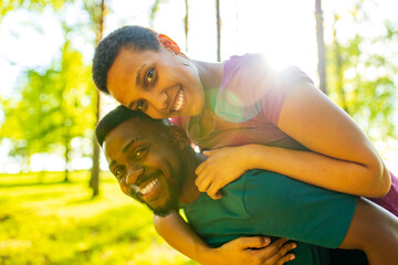 two happy person feeling love to each other having outdoor weekends at picnic in forest