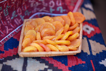 Appetizing Dried Fruits. Dry Apricots On Traditional, Armenian Carpet.